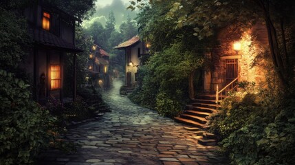 A scene walking the cobblestone road of an ancient fantasy village