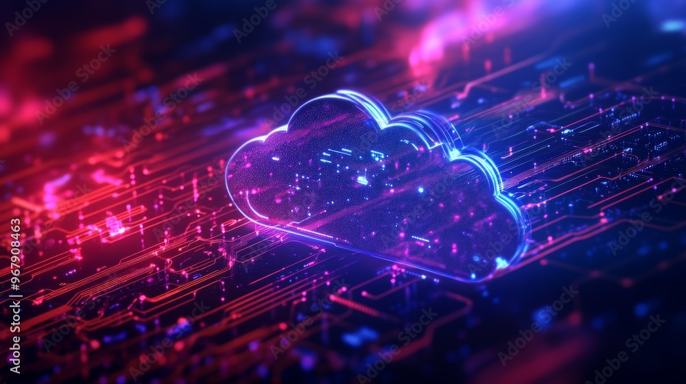 Poster futuristic digital cloud technology concept with neon lights representing data transfer and network 