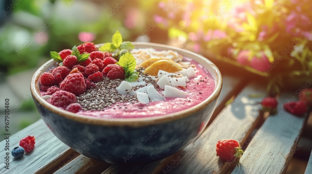 Poster picnic table setting with acai bowl topped with coconut flakes and chia seeds outdoor breakfast concept banner mockup