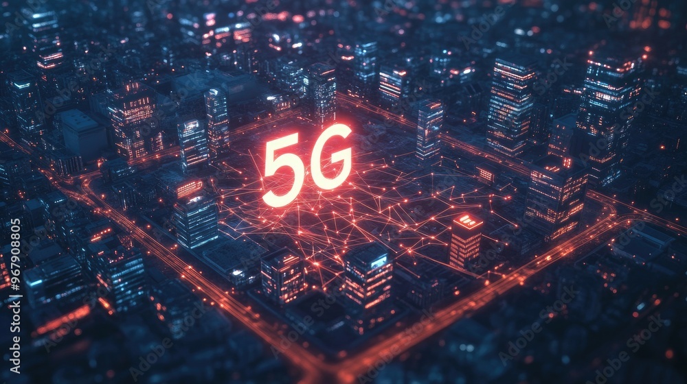 Poster a concept image of 5g technology with a digital network connecting various smart devices, illustrati