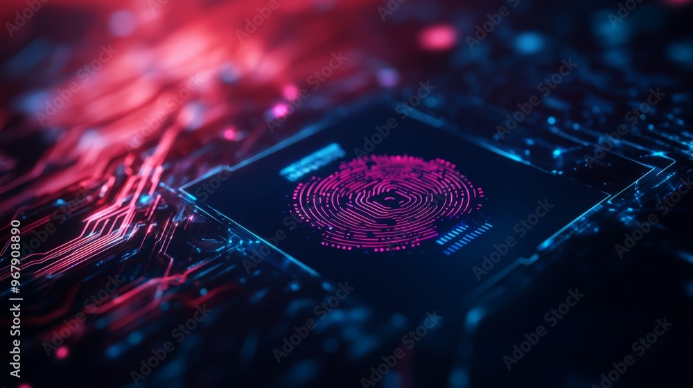 Poster futuristic digital fingerprint scanner on a microchip background, symbolizing cybersecurity and biom