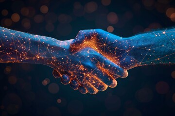 handshake. neural network and artificial intelligence. agreements and cooperation. future hand in hand with technology. assistance and creation of inventions, discoveries
