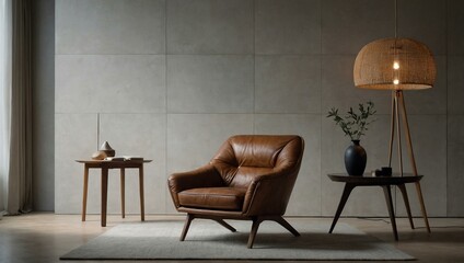 Minimalist design with a brown leather armchair and empty wall.