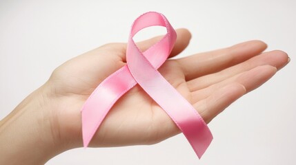 Pink Ribbon Cradled in Hand for Cancer Awareness