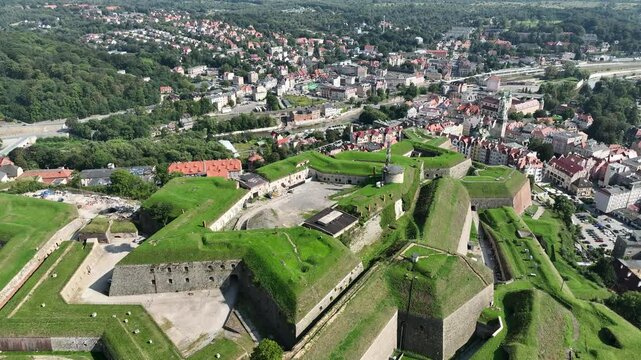 Klodzko Fortress (German: Festung Glatz) &ndash; a preserved fortress in Klodzko, a defense system from the 17th and 18th centuries in Poland. Aerial drone view of Klodzko Fortress and town Klodzko