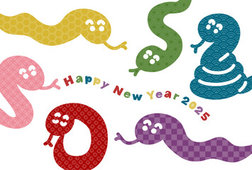 2025年の年賀状イラスト: 和柄模様のカラフルな蛇たち