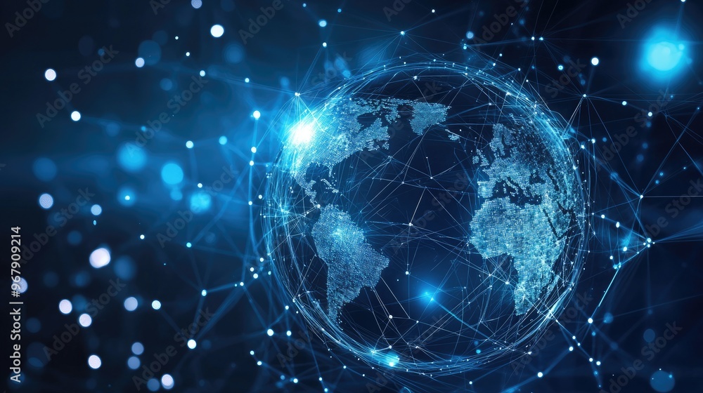 Poster a digital innovation concept with a glowing, transparent globe surrounded by interconnected lines an