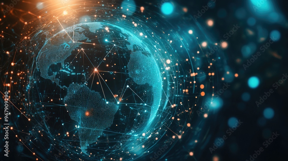 Poster a digital innovation concept with a glowing, transparent globe surrounded by interconnected lines an