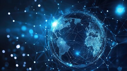 Obraz premium A digital innovation concept with a glowing, transparent globe surrounded by interconnected lines and data points, representing global connectivity and the internet of things (IoT).