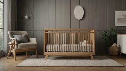 Minimalist wooden crib with a simple design, offering a cozy space for infants.