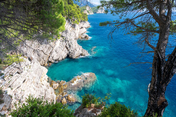 amazing rocky coast with azure sea in Petrovac in Montenegro