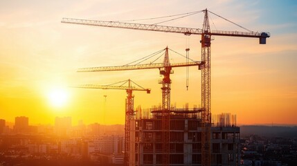 Skyline Silhouette of Cranes and Construction at Sunset in the City