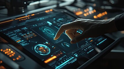 Naklejka premium A high-tech digital interface with a virtual assistant powered by AI, providing real-time data analysis on a sleek touchscreen device.