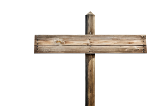 Empty wooden sign post, centered, full-body view, isolated against a pristine white background, natural wood texture, soft shadow beneath, high resolution image, stock photography style, ultra clear