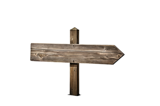 Empty wooden sign post, centered, full-body view, isolated against a pristine white background, natural wood texture, soft shadow beneath, high resolution image, stock photography style, ultra clear