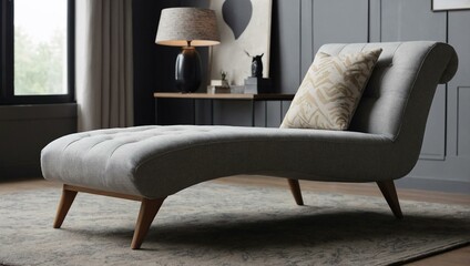 Modern chaise lounge with soft cushions and wooden legs, perfect for living spaces.