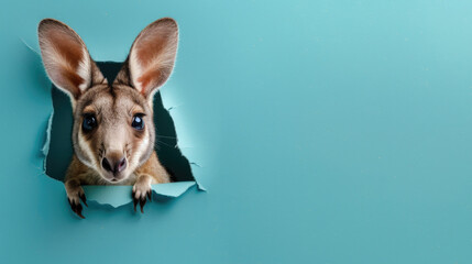 cute wallaby peeking through a hole in a blue paper wall