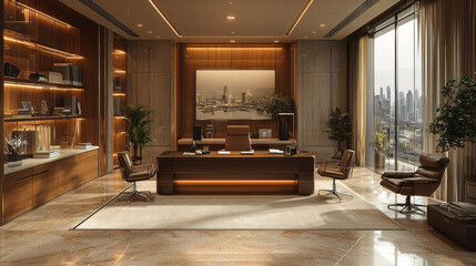 Luxurious office space with large windows and a view of the city skyline.