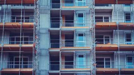 Fototapeta premium Sleek and Contemporary Apartment Building Faade with Glass Windows and Balconies in Urban Skyline