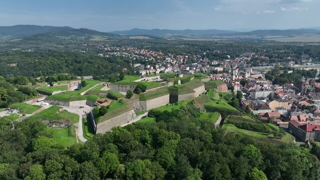 Klodzko Fortress (German: Festung Glatz) &ndash; a preserved fortress in Klodzko, a defense system from the 17th and 18th centuries in Poland. Aerial drone view of Klodzko Fortress and town Klodzko