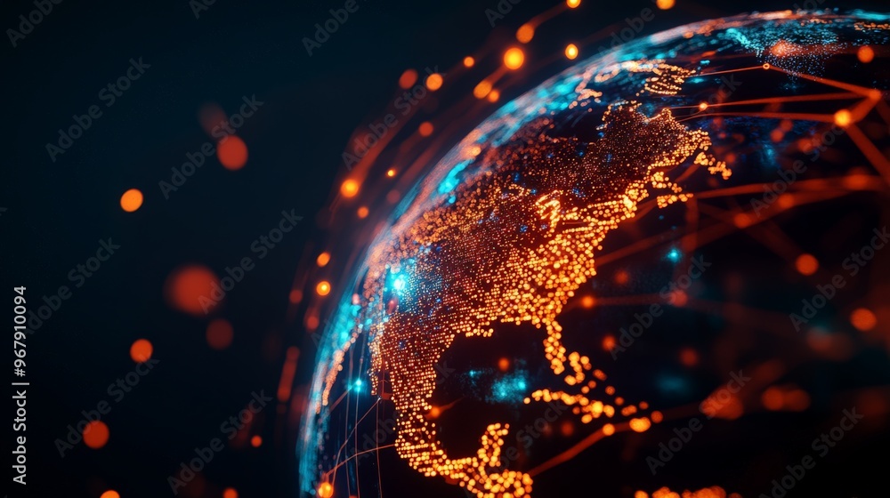 Poster glowing digital map of earth showcasing network connections and technology advancements with vibrant