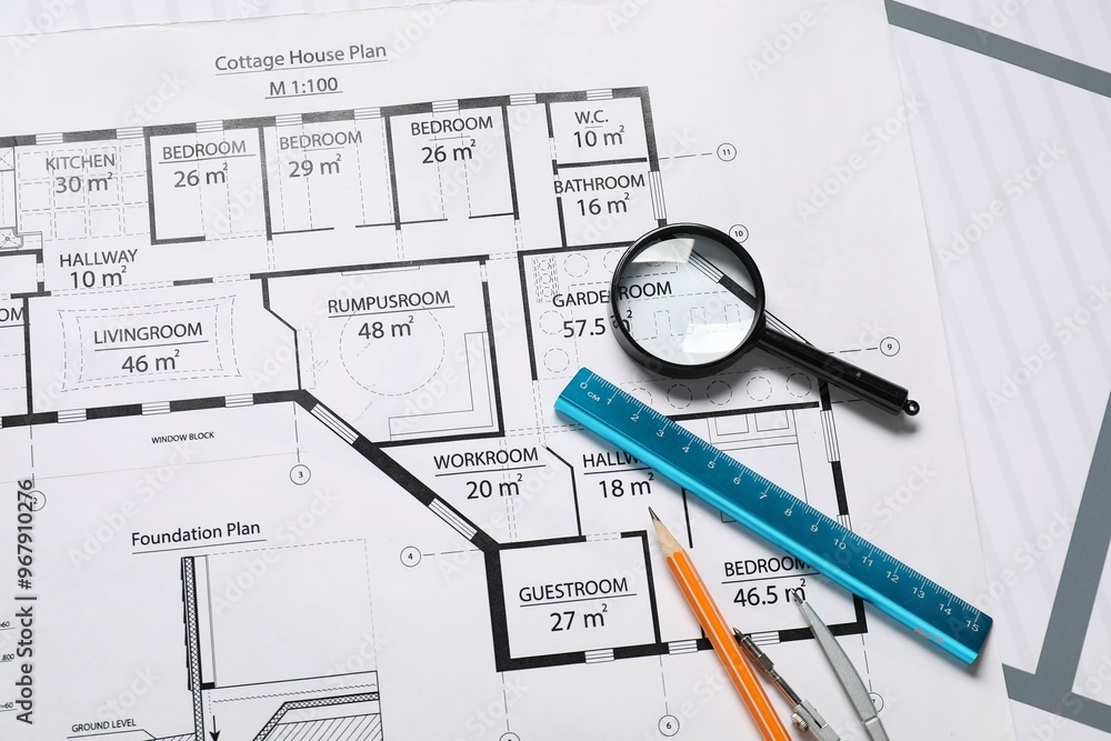 Sticker Pencil, dividers, ruler and magnifying glass on different engineering drawings, top view