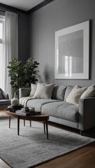 Modern living room with a large blank white frame, gray sofa, and decorative pillows.