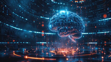 Obraz premium Artificial intelligence digital brain surrounded by futuristic data streams in a high-tech virtual environment conceptual imagery.