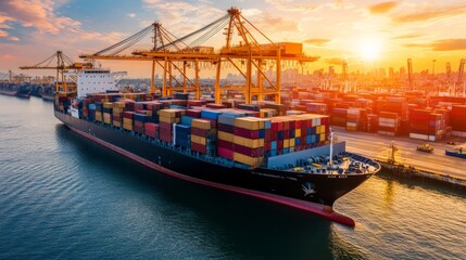 Naklejka premium Large cargo ship loaded with containers docked at a busy port during sunset, highlighting global trade and logistics operations.