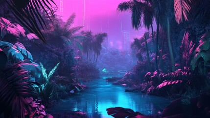 Fototapeta premium Neon-lit Stream in a Tropical Jungle with Cityscape in the Distance
