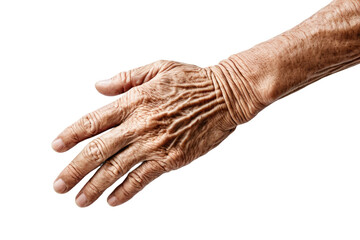 High-quality stock photograph, capturing an aged hand, solitary on a white backdrop, full body view, isolated, centered, showing every wrinkle and line of life lived