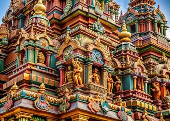 Naklejka premium Southern Indian temple carvings secondary ornate mood intricate style sculptural technical relief carving color brown gold red concept devotion spirituality