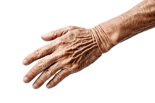 High-quality stock photograph, capturing an aged hand, solitary on a white backdrop, full body view, isolated, centered, showing every wrinkle and line of life lived
