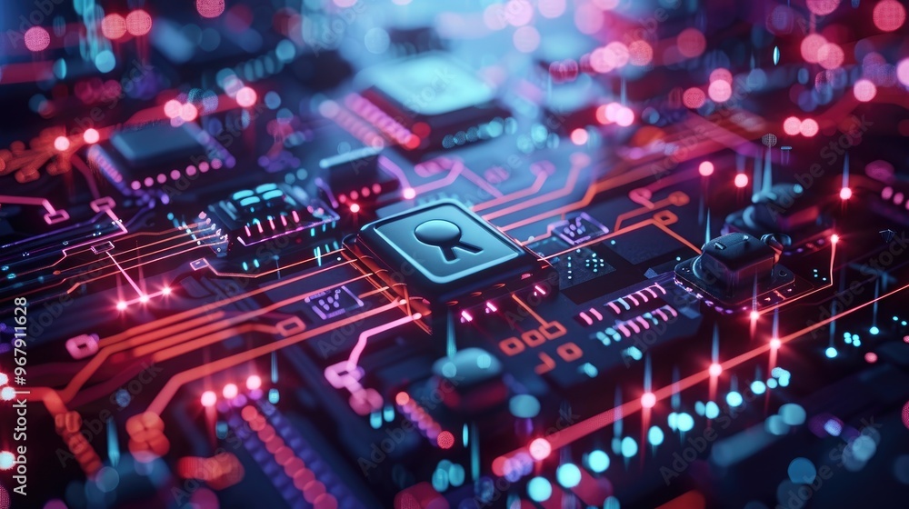 Poster close up of a futuristic circuit board with glowing lines and microchips, showcasing advanced techno