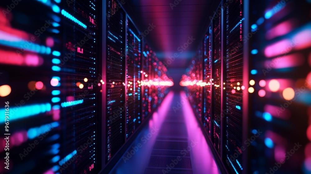 Poster modern data center with colorful led lights, showcasing servers and network equipment in a futuristi