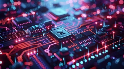 Obraz premium Close up of a futuristic circuit board with glowing lines and microchips, showcasing advanced technology and digital connectivity.