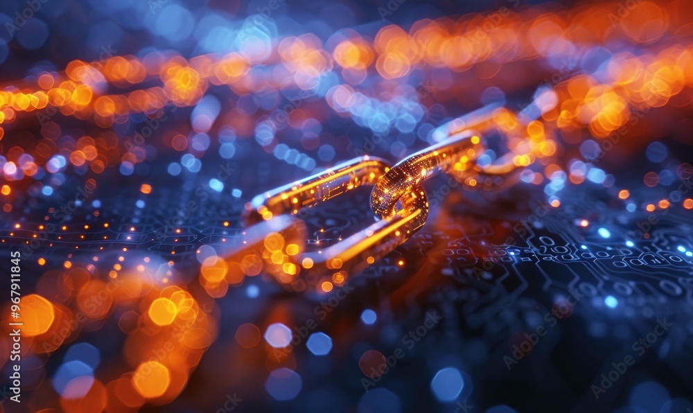 Aufkleber close up of a glowing blockchain concept with links, symbolizing digital security, blockchain techno
