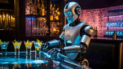 Robot Bartender Serving Cocktails in a Futuristic Bar - .Generated AI