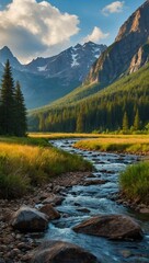 Mountain landscape painting with a window and river in the foreground.