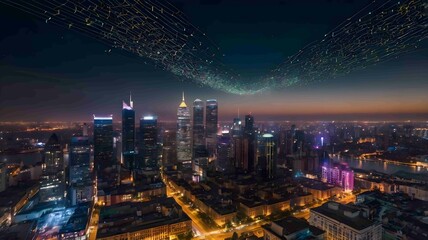 Futuristic Cityscape with AI Network Illuminating the Night Sky - .Generated AI