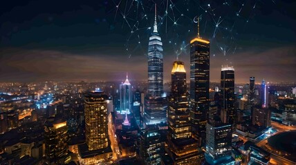 Futuristic Cityscape with AI Network Illuminating the Night Sky - .Generated AI