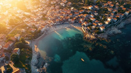 Obraz premium Aerial View of a Coastal Town with a Beach