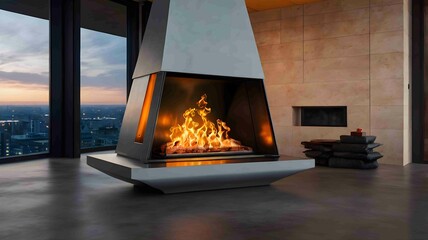 Modern Minimalist Fireplace with Elegant Flames in a Cozy Interior - .Generated AI