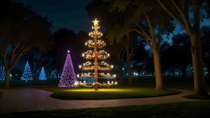 Illuminated Neon Tree in a Park During Nighttime - .Generated AI
