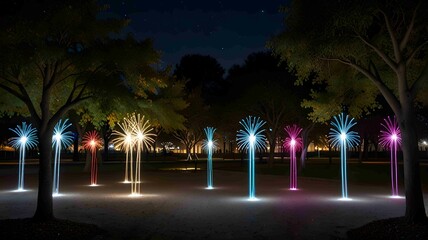 Illuminated Neon Tree in a Park During Nighttime - .Generated AI