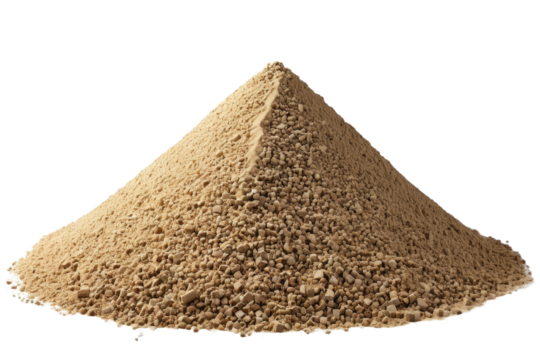 Construction sand pile centered in frame, full body, against a pure white background, natural shadows contouring the pile's texture, high resolution stock photo, intricate detail in grains visible