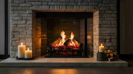 Modern Minimalist Fireplace with Elegant Flames in a Cozy Interior - .Generated AI.