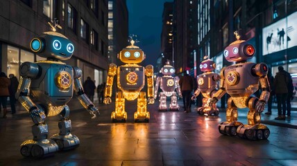 Robots Celebrating Christmas in a Festive City with Holiday Lights - .Generated AI