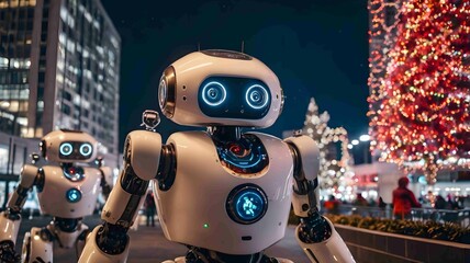 Robots Celebrating Christmas in a Festive City with Holiday Lights - .Generated AI