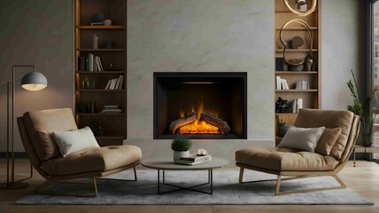 Modern Minimalist Fireplace with Elegant Flames in a Cozy Interior - .Generated AI.
